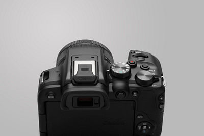 A Canon EOS R10 pictured from the back.